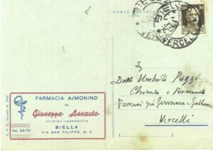 Cartolina a Umberto Paggi Segretario Prov. Sind. F. F, Farmacia già Gennaro & Gallea-Vercelli